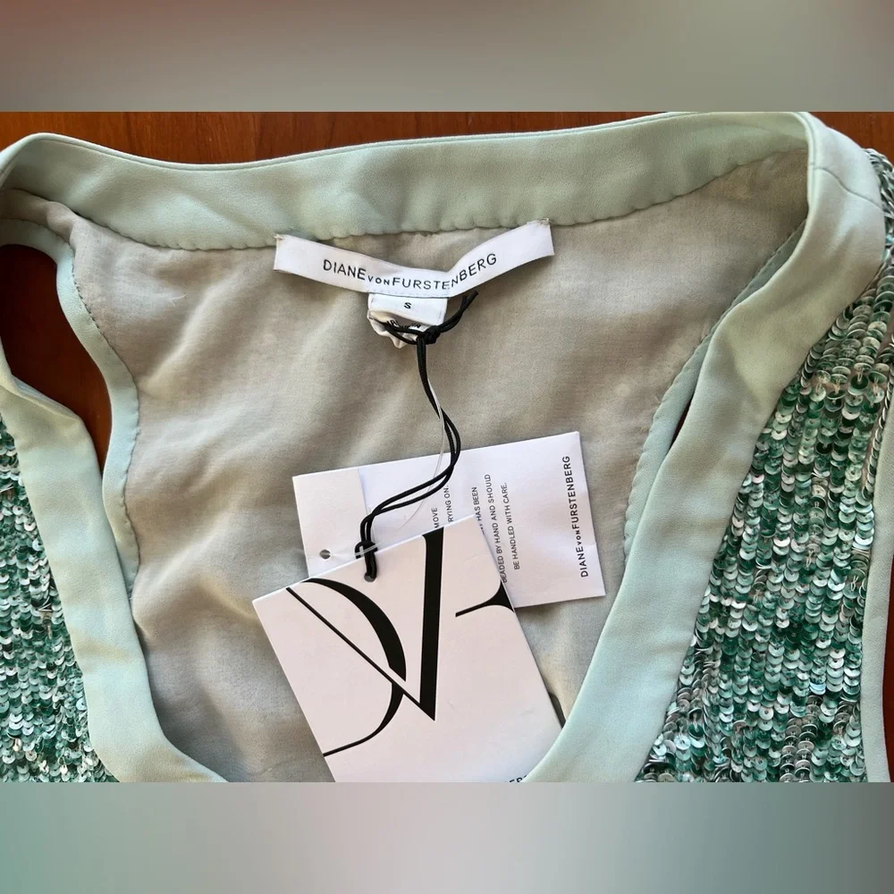 Diane Von Furstenberg Emilia Turquoise & Green Silk Marble Sequin Tank - Picture 12 of 16